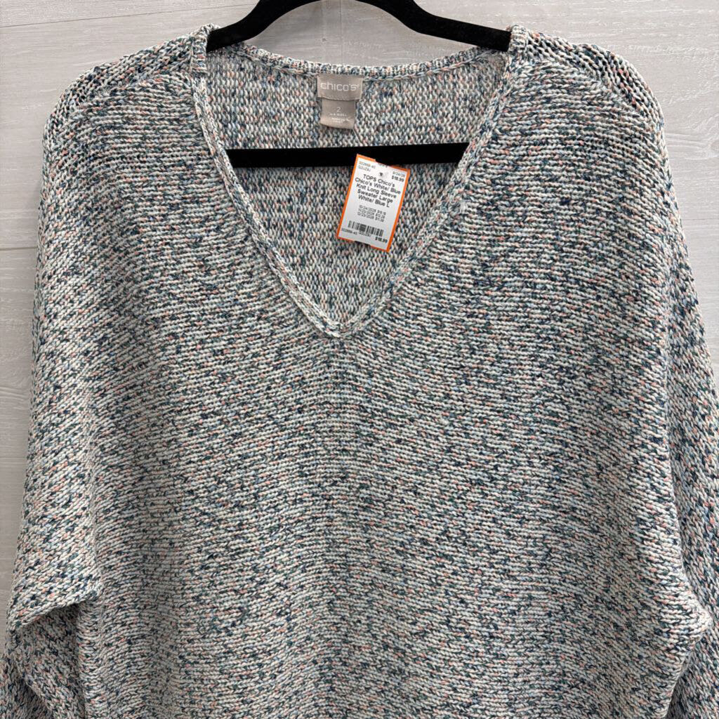 Chico's White/ Blue Knit Long Sleeve Sweater Large
