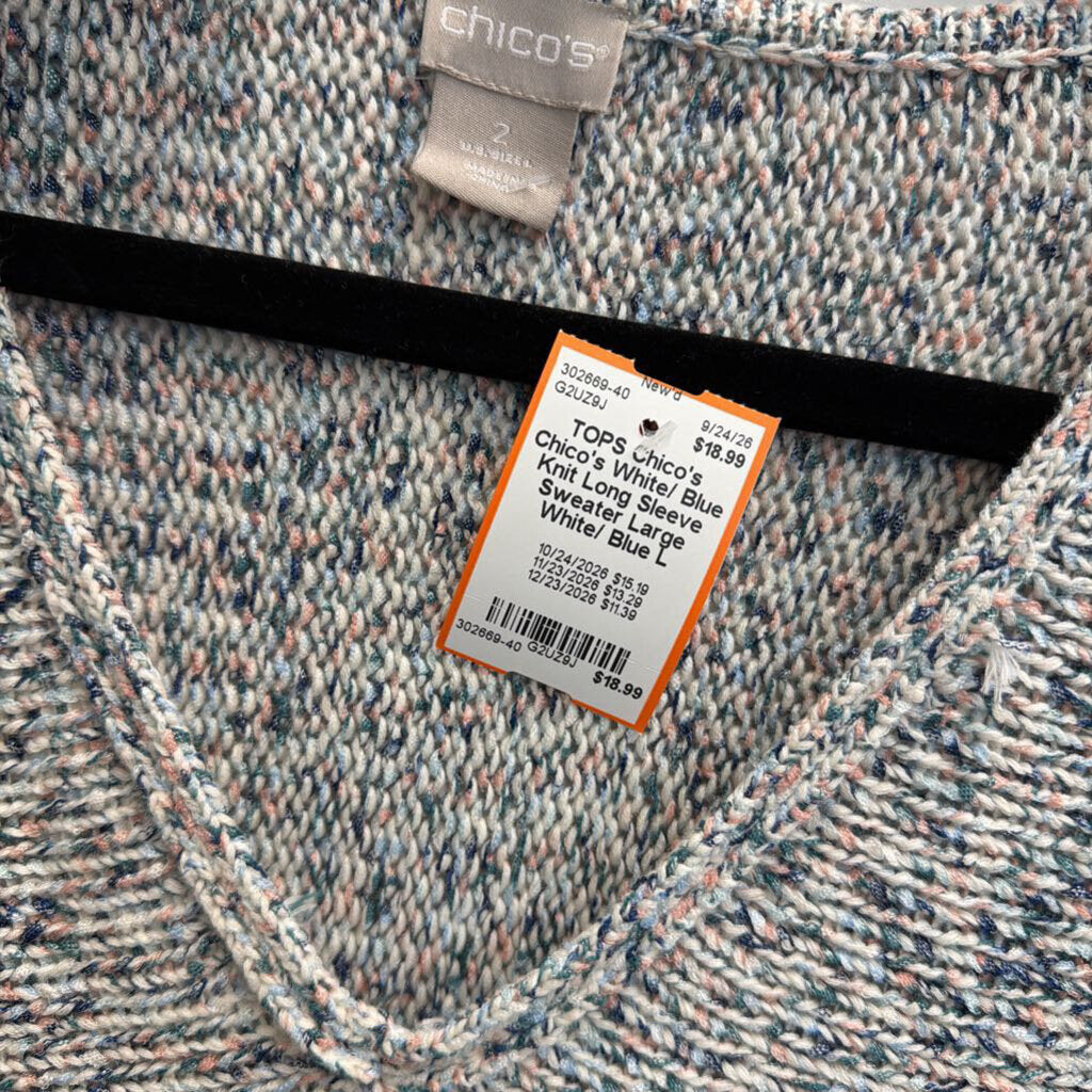 Chico's White/ Blue Knit Long Sleeve Sweater Large