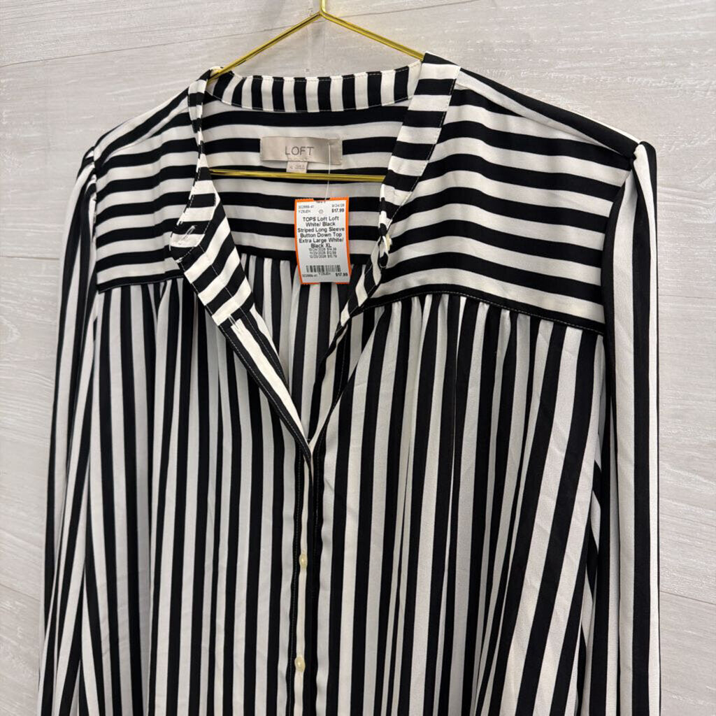 Loft White/ Black Striped Long Sleeve Button Down Top Extra Large