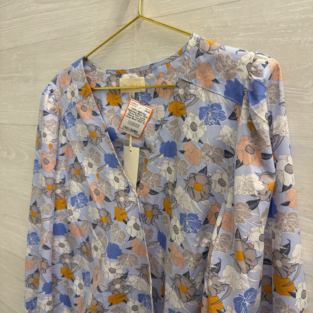 Melloday Blue/ Multi Floral Print Long Sleeve Top Extra Large