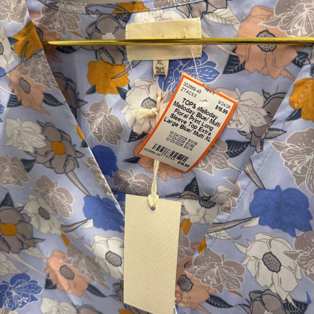 Melloday Blue/ Multi Floral Print Long Sleeve Top Extra Large