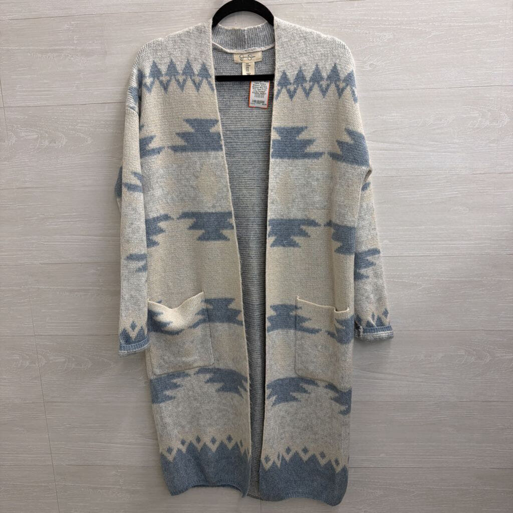Jessica Simpson Blue Knit Print Open Front Long Cardigan Sweater Medium