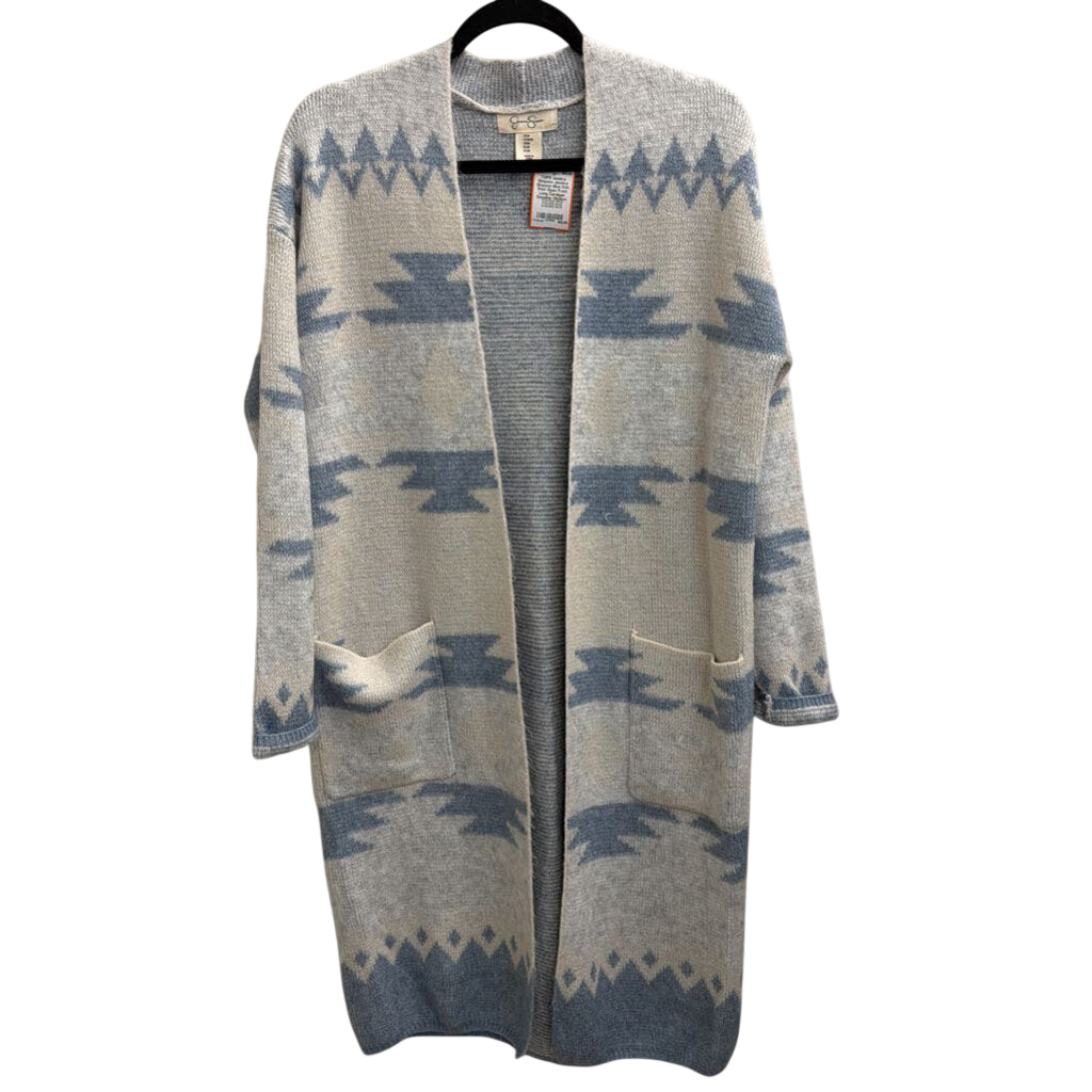Jessica Simpson Blue Knit Print Open Front Long Cardigan Sweater Medium