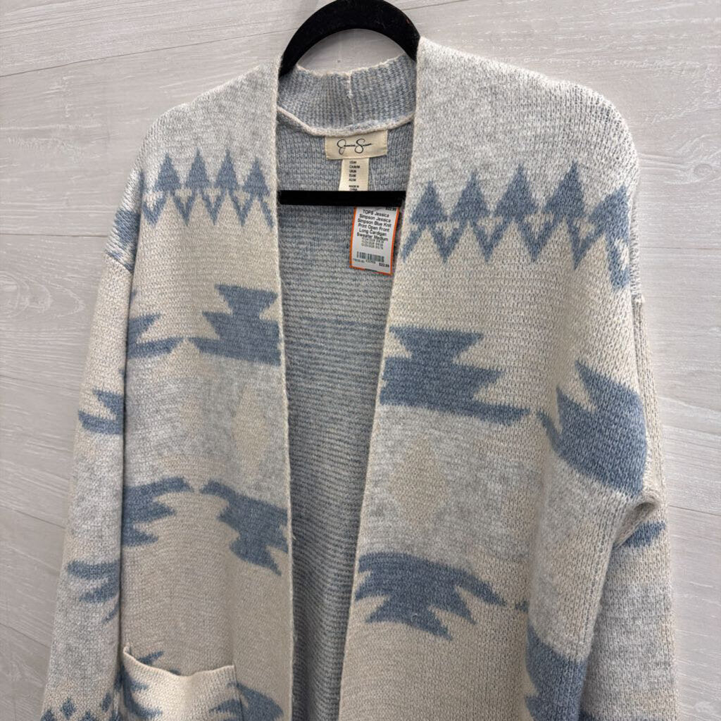 Jessica Simpson Blue Knit Print Open Front Long Cardigan Sweater Medium