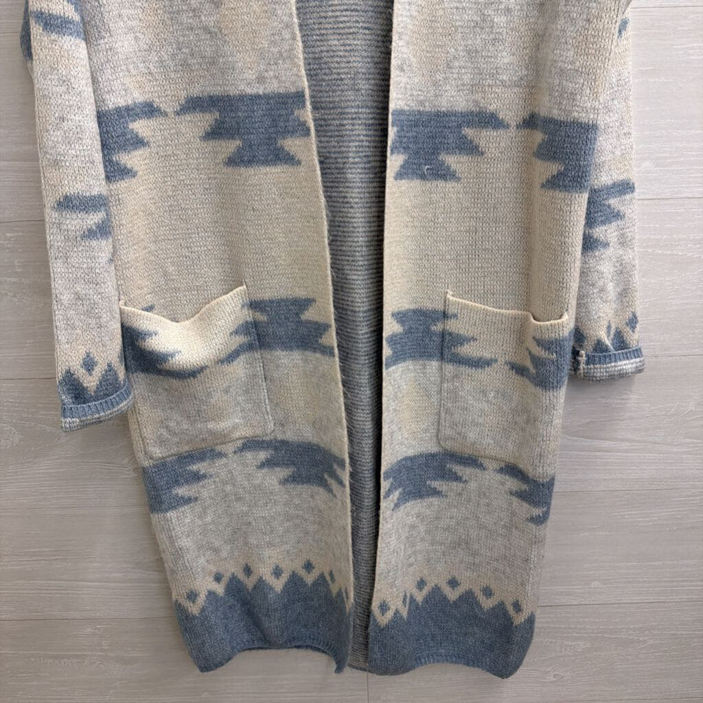 Jessica Simpson Blue Knit Print Open Front Long Cardigan Sweater Medium