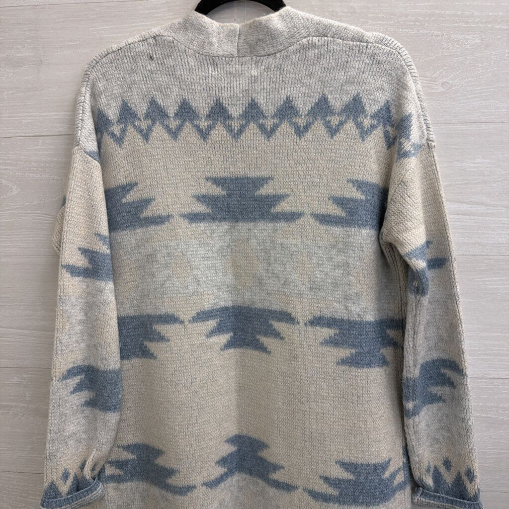 Jessica Simpson Blue Knit Print Open Front Long Cardigan Sweater Medium