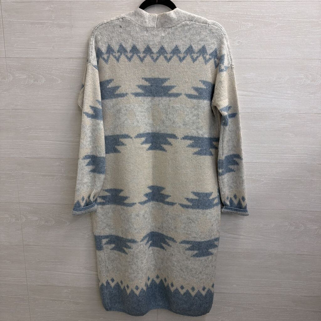 Jessica Simpson Blue Knit Print Open Front Long Cardigan Sweater Medium