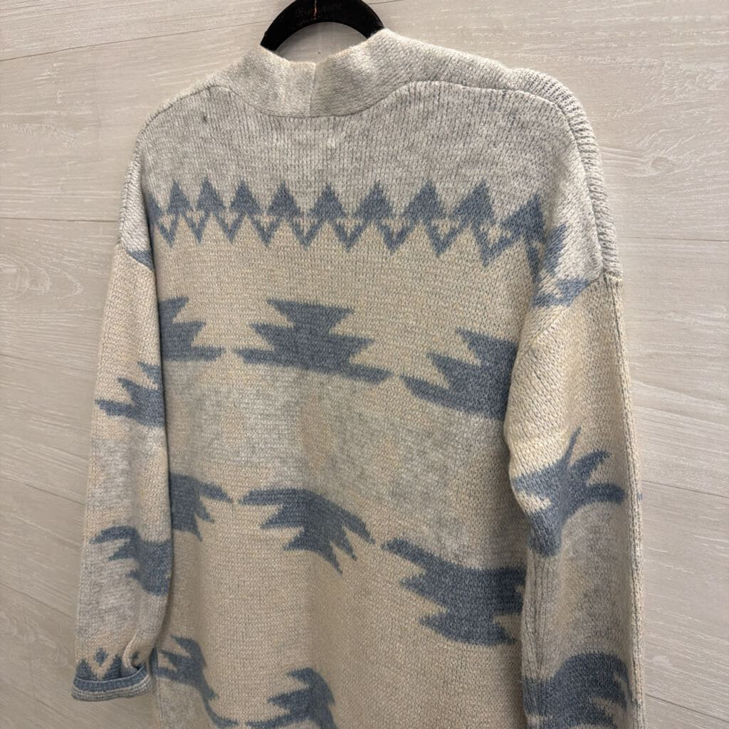 Jessica Simpson Blue Knit Print Open Front Long Cardigan Sweater Medium