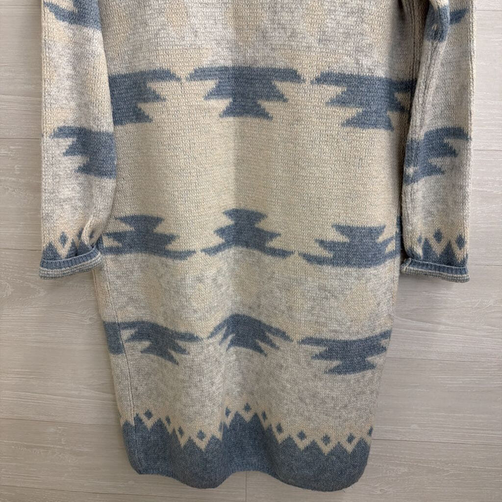 Jessica Simpson Blue Knit Print Open Front Long Cardigan Sweater Medium