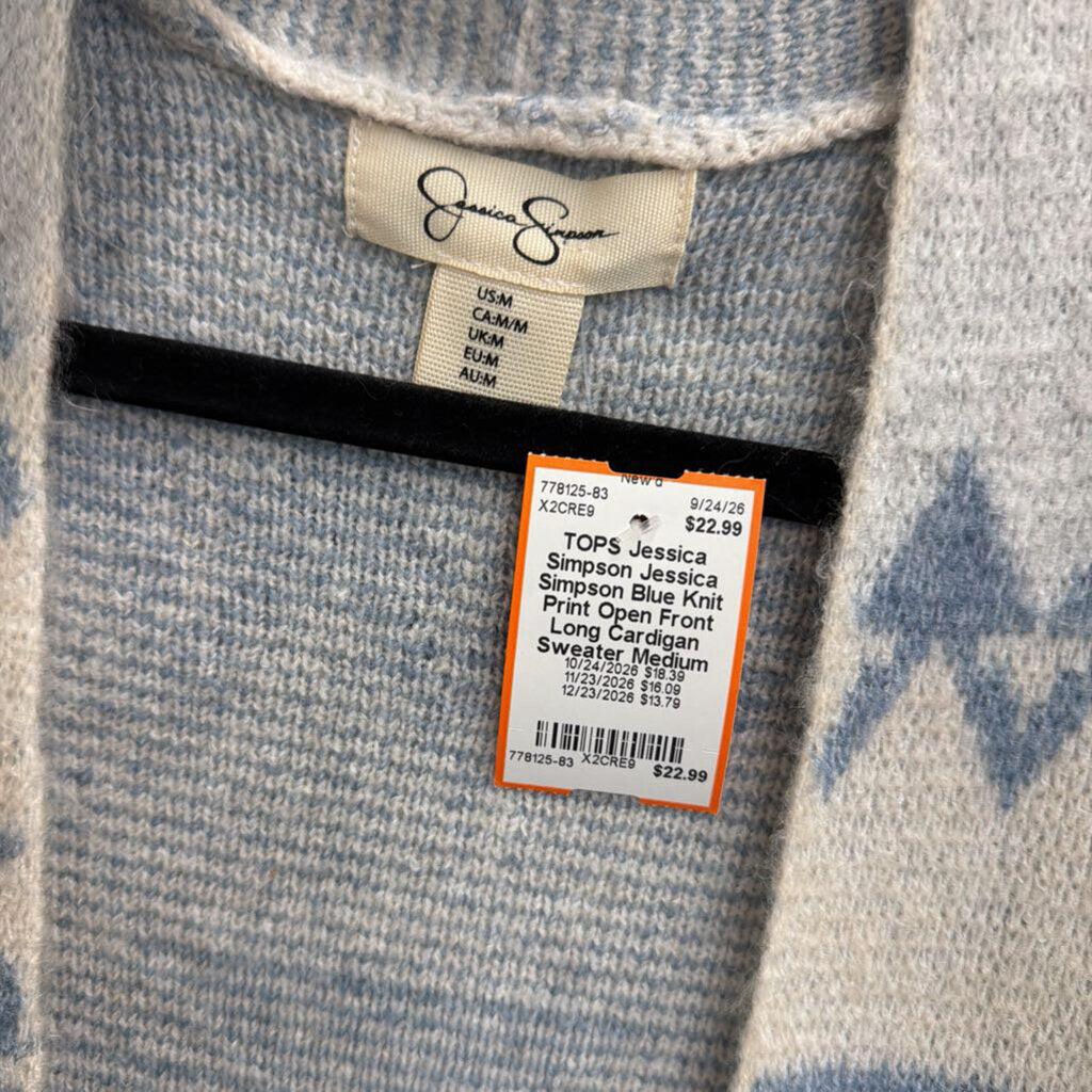 Jessica Simpson Blue Knit Print Open Front Long Cardigan Sweater Medium