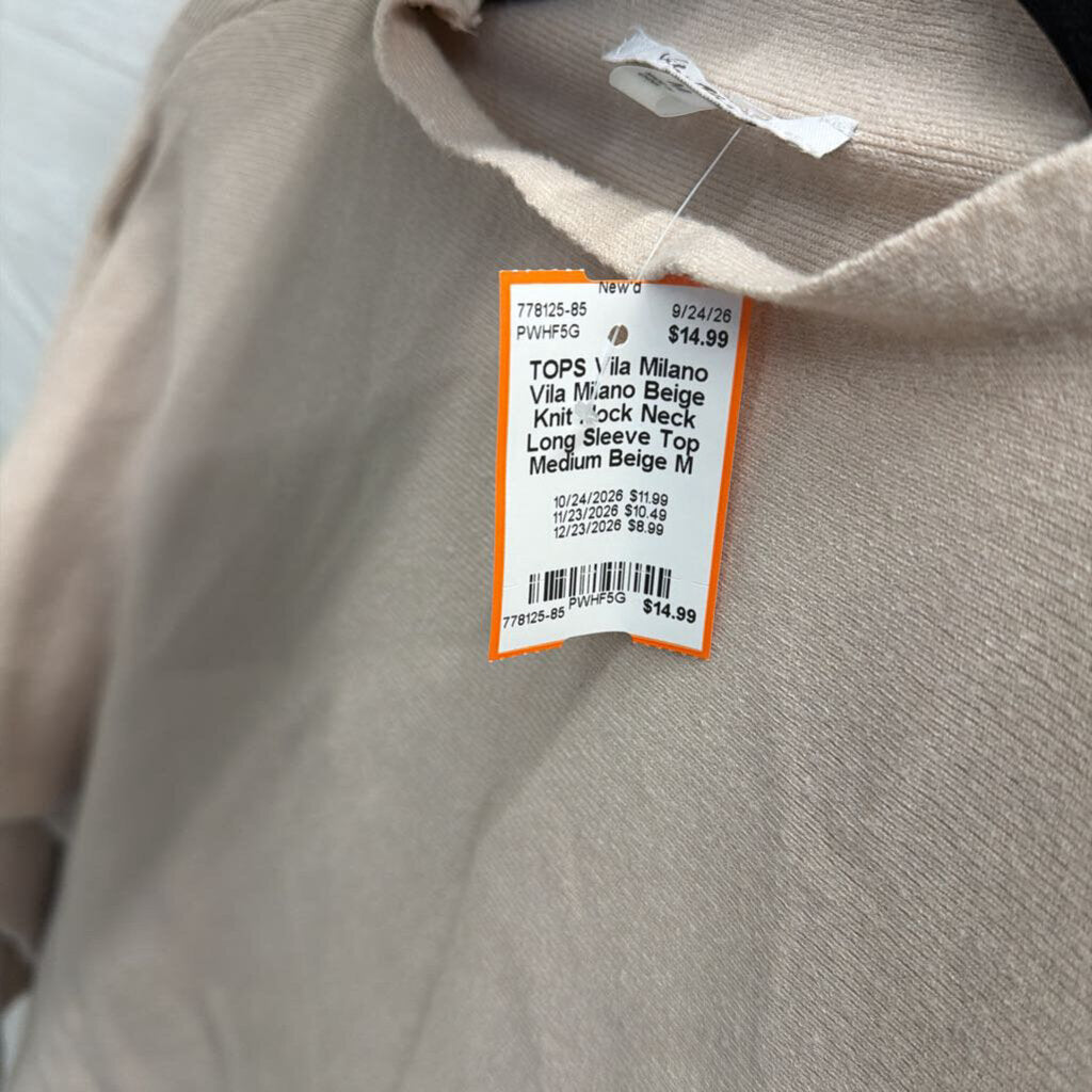 Vila Milano Beige Knit Mock Neck Long Sleeve Top Medium