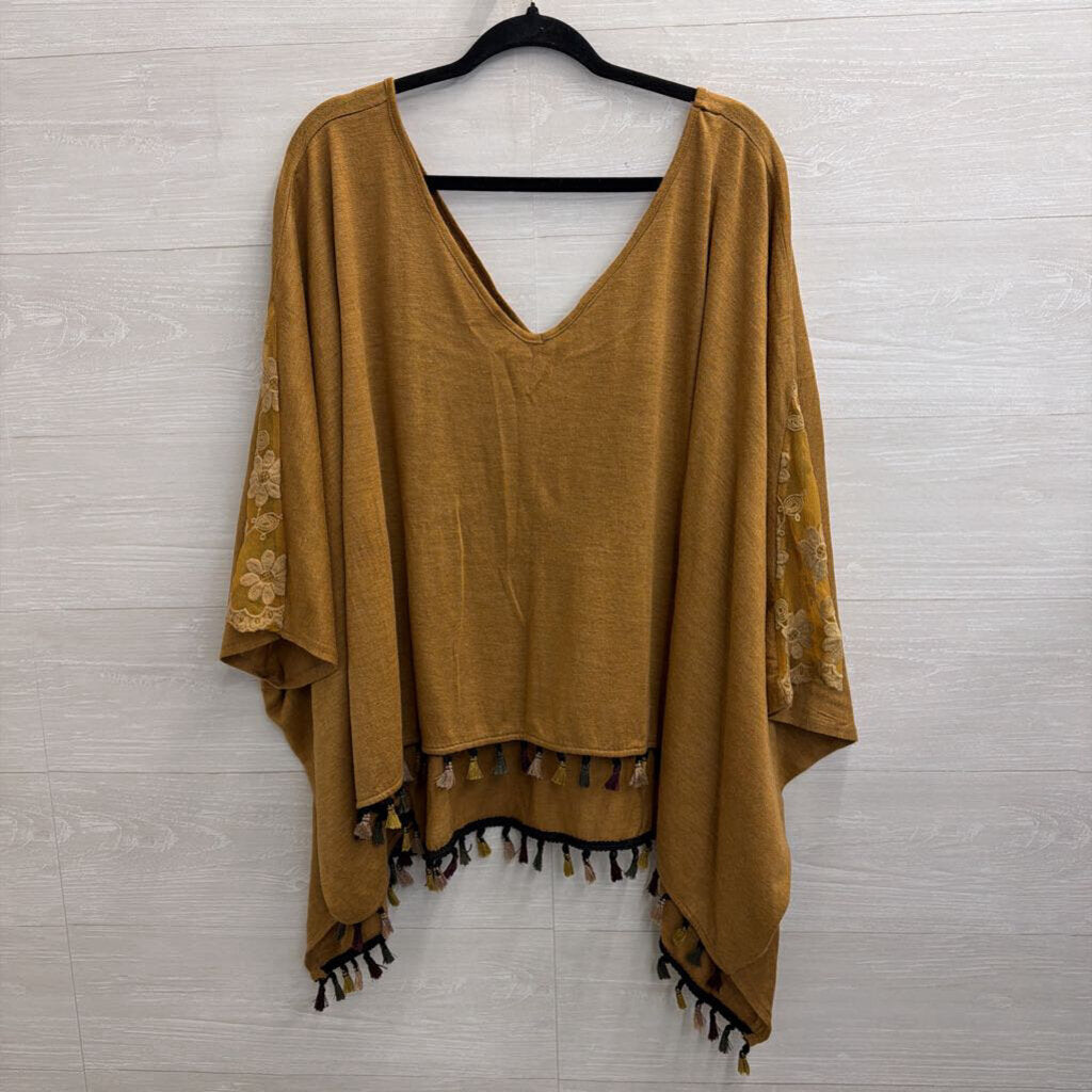 Brown Knit Embroidered Detail Tassel Hem Boxy Top Small/ Medium