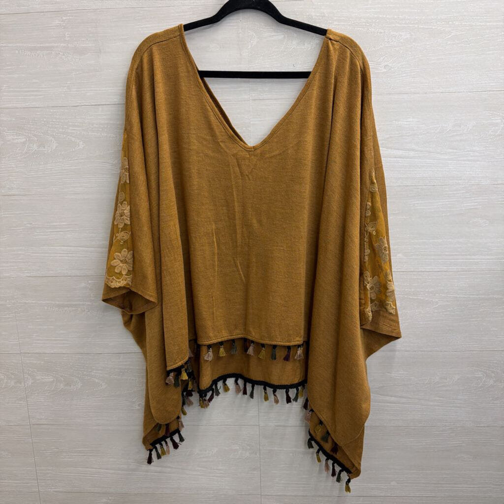 Brown Knit Embroidered Detail Tassel Hem Boxy Top Small/ Medium