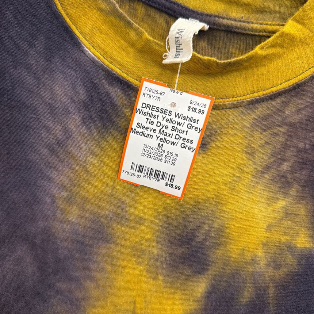 Wishlist Yellow/ Grey Tie Dye Short Sleeve Maxi Dress Medium
