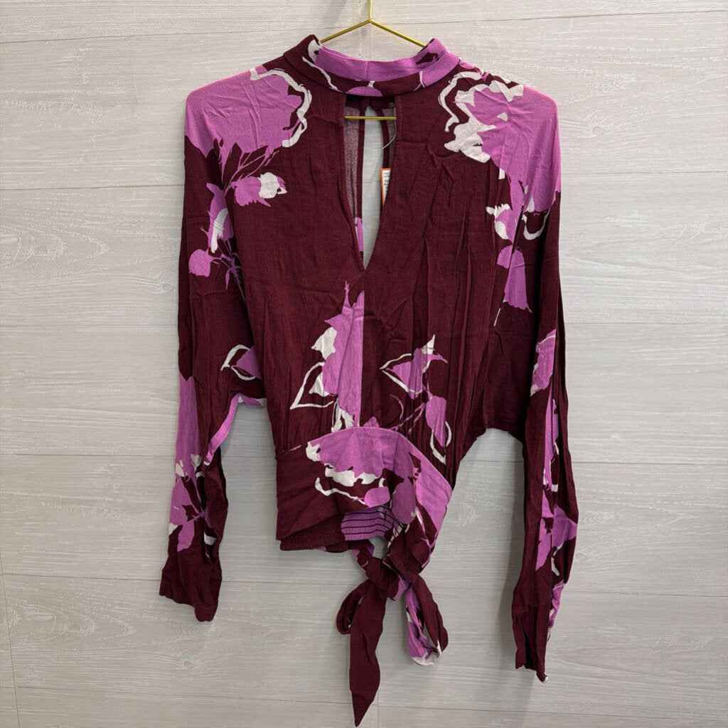 Free People Purple Print Mock Neck Long Sleeve Top Large