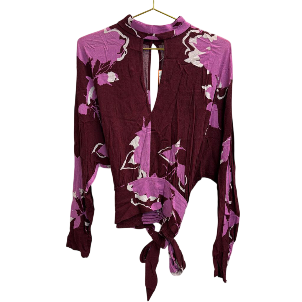 Free People Purple Print Mock Neck Long Sleeve Top Large