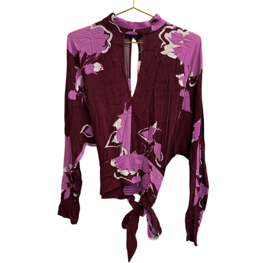 Free People Purple Print Mock Neck Long Sleeve Top Large