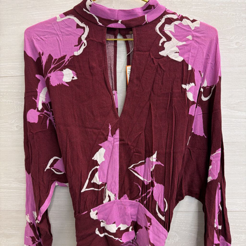 Free People Purple Print Mock Neck Long Sleeve Top Large