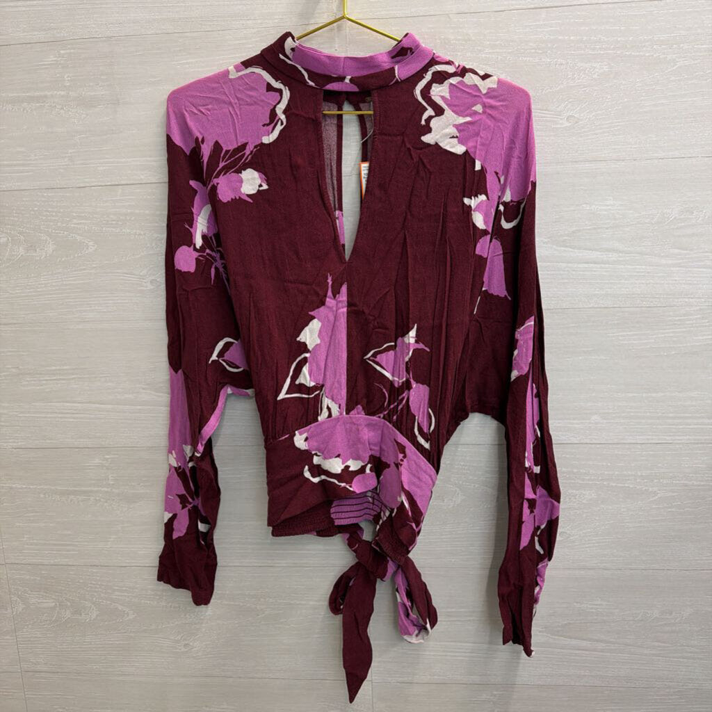 Free People Purple Print Mock Neck Long Sleeve Top Large