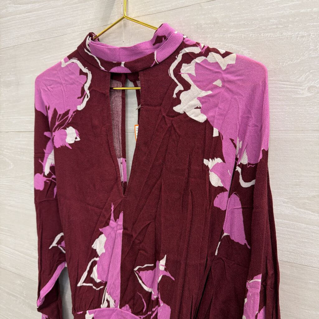 Free People Purple Print Mock Neck Long Sleeve Top Large