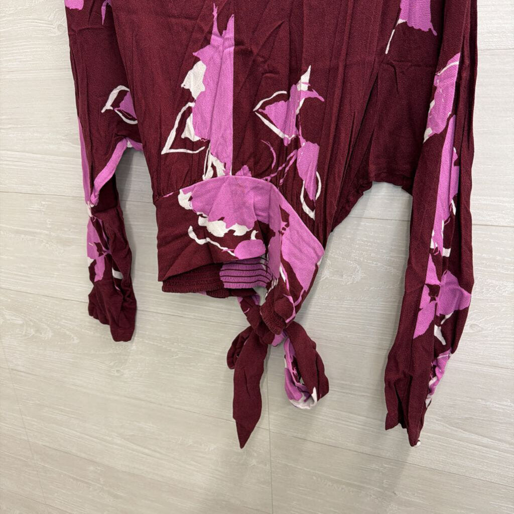 Free People Purple Print Mock Neck Long Sleeve Top Large
