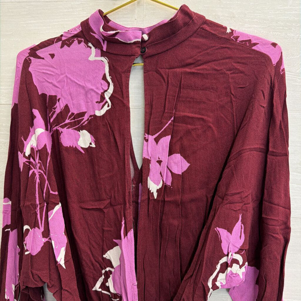 Free People Purple Print Mock Neck Long Sleeve Top Large