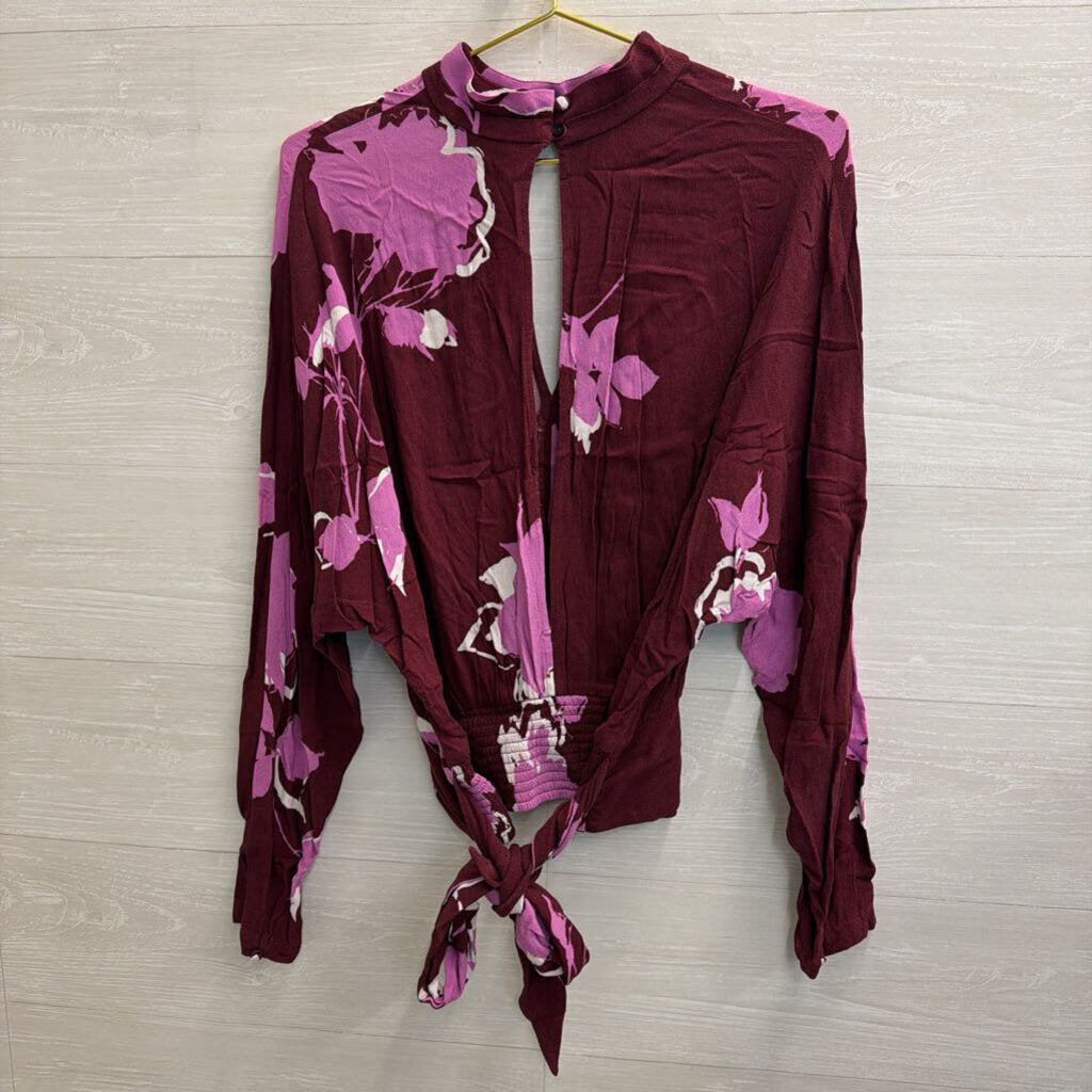 Free People Purple Print Mock Neck Long Sleeve Top Large