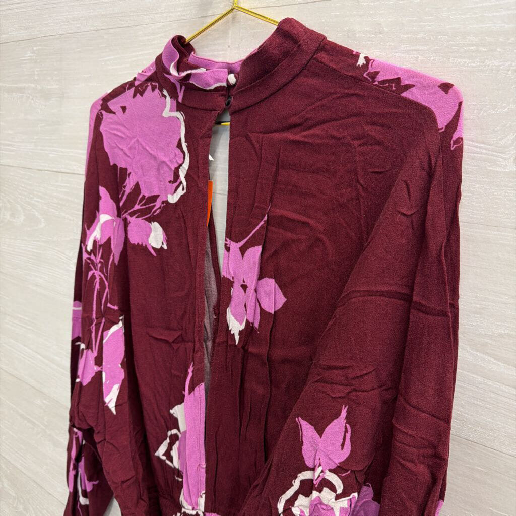 Free People Purple Print Mock Neck Long Sleeve Top Large