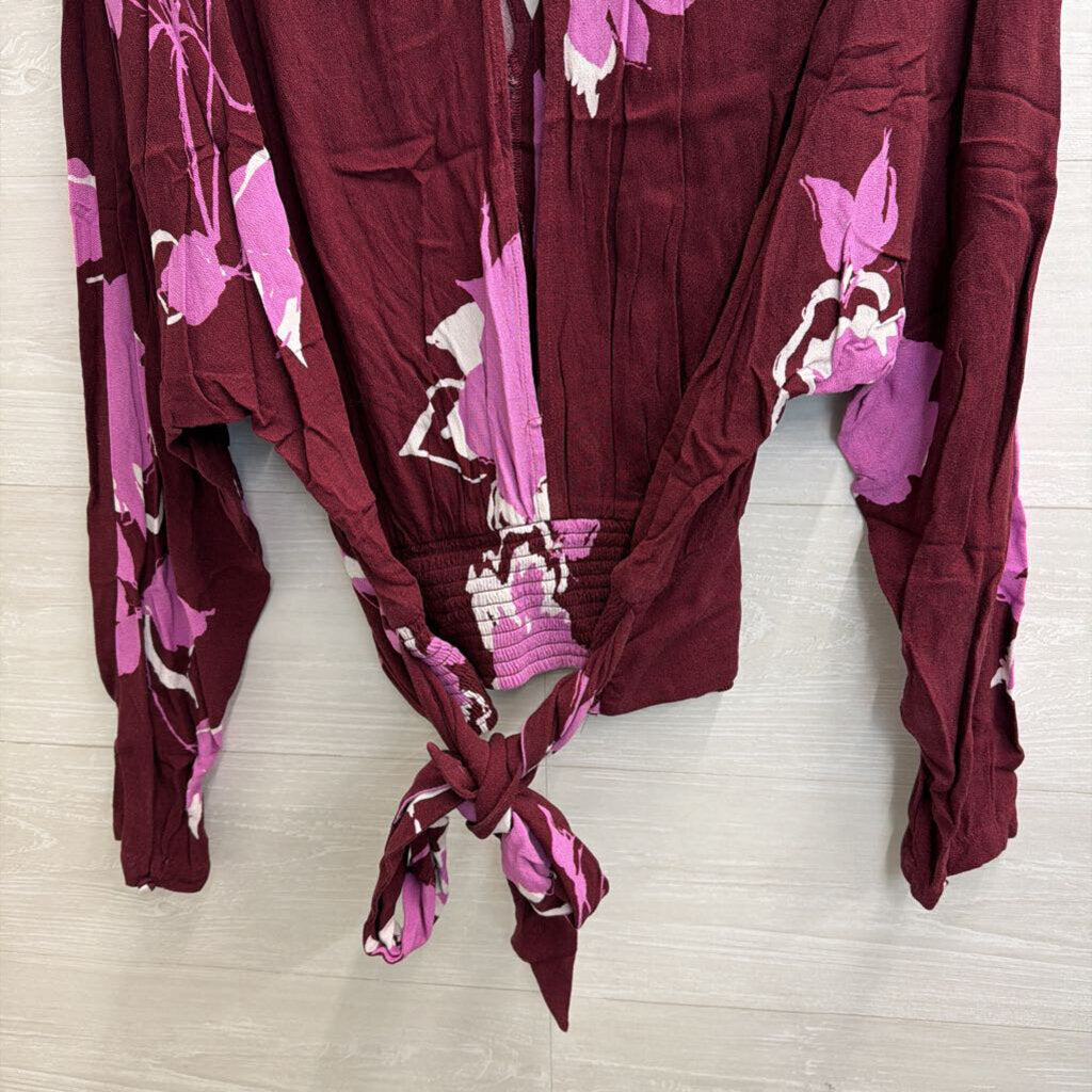 Free People Purple Print Mock Neck Long Sleeve Top Large