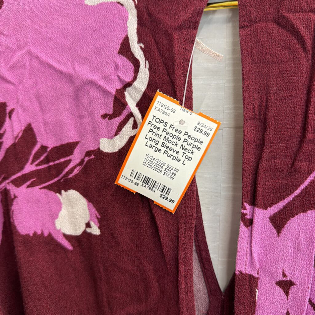 Free People Purple Print Mock Neck Long Sleeve Top Large