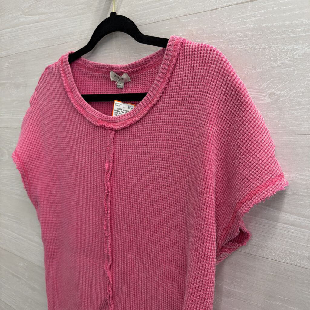 Umgee Pink Waffle Knit Short Sleeve Top Medium