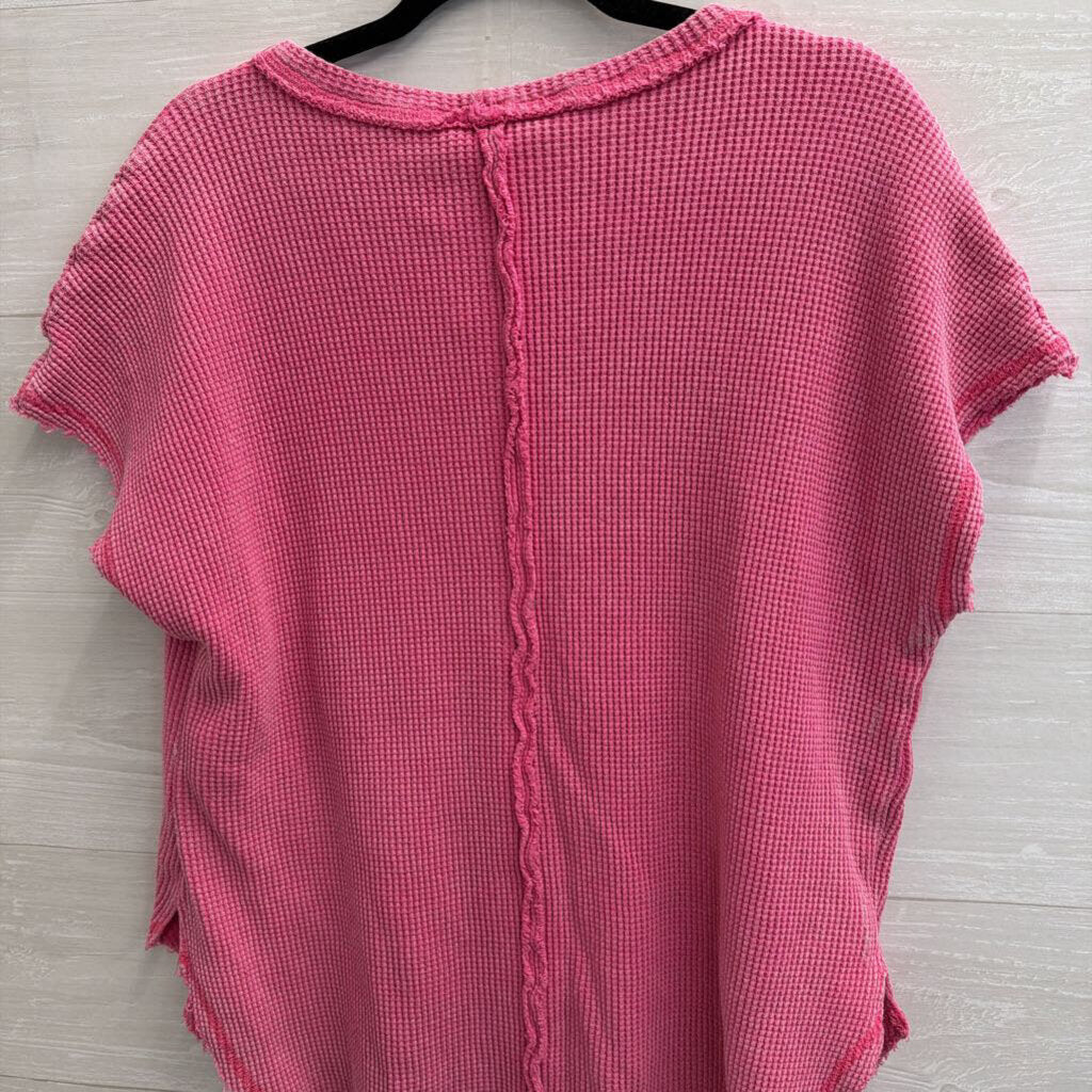 Umgee Pink Waffle Knit Short Sleeve Top Medium