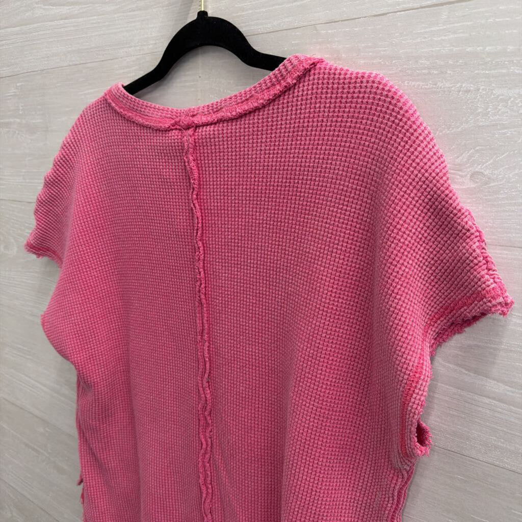 Umgee Pink Waffle Knit Short Sleeve Top Medium