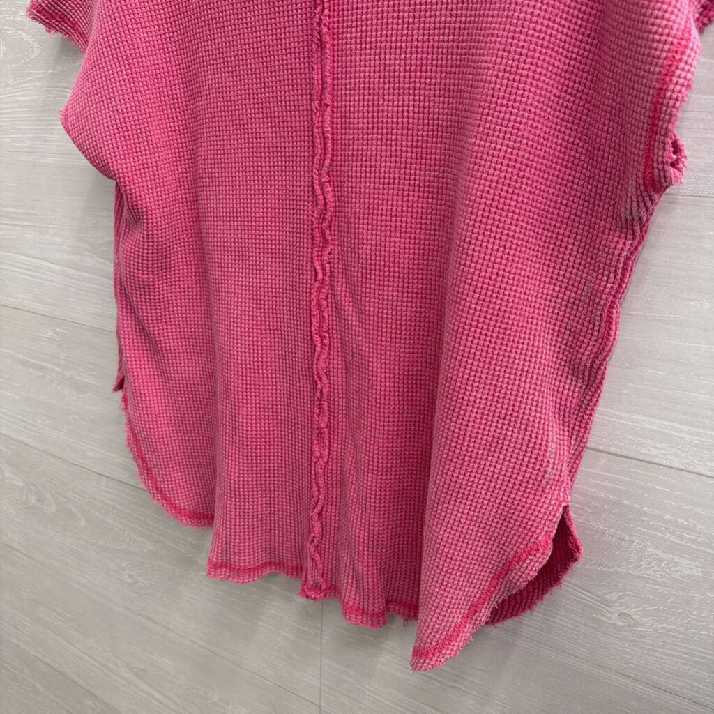 Umgee Pink Waffle Knit Short Sleeve Top Medium