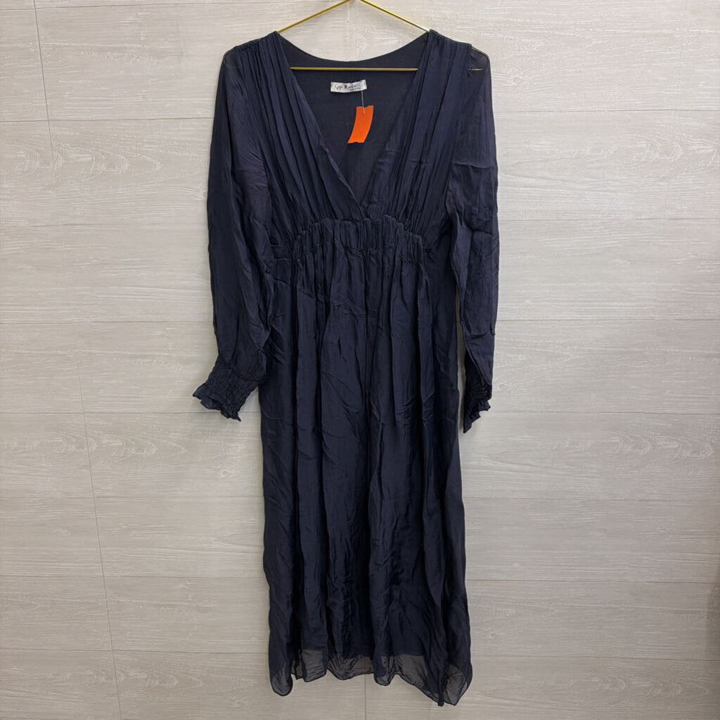 Navy 100% Silk Longsleeve Midi Dress Small