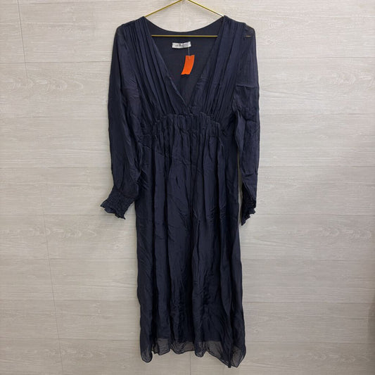 Navy 100% Silk Longsleeve Midi Dress Small