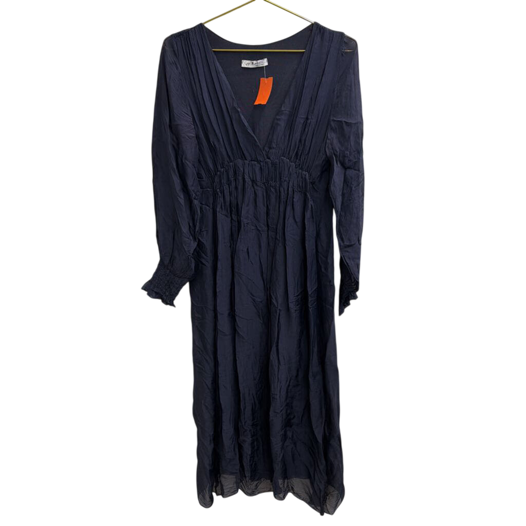 Navy 100% Silk Longsleeve Midi Dress Small