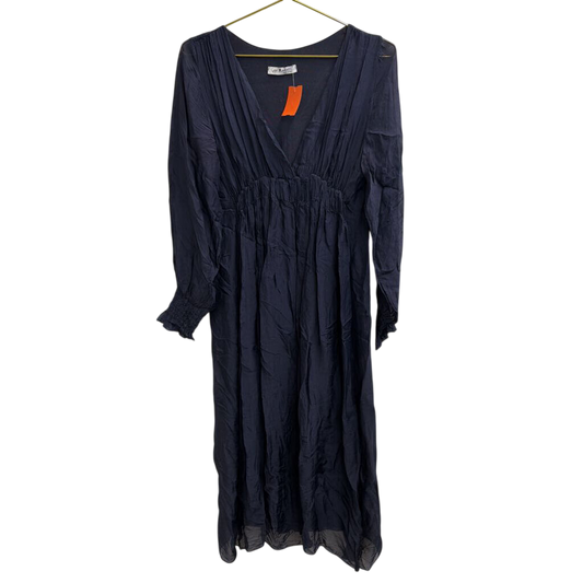 Navy 100% Silk Longsleeve Midi Dress Small