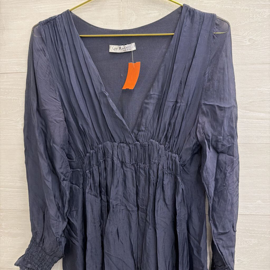 Navy 100% Silk Longsleeve Midi Dress Small