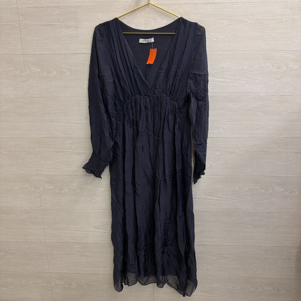 Navy 100% Silk Longsleeve Midi Dress Small