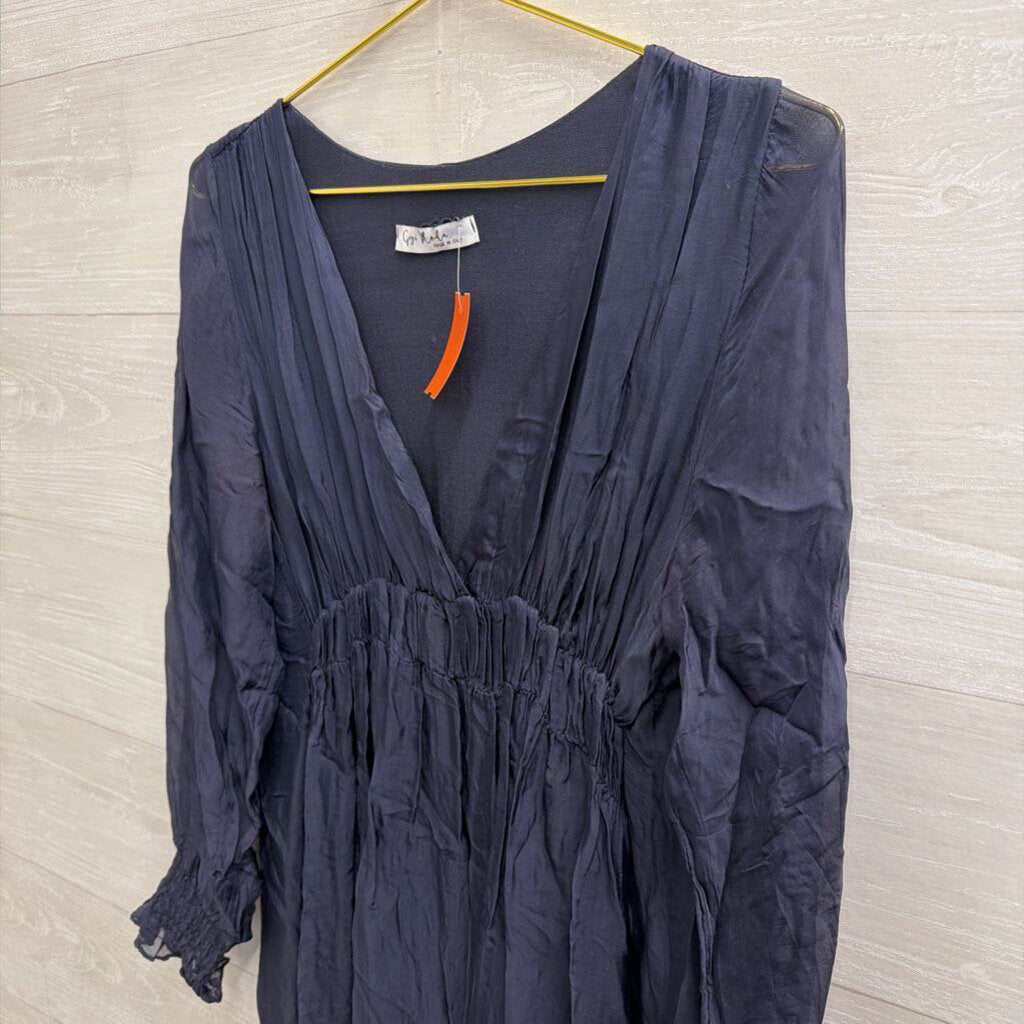 Navy 100% Silk Longsleeve Midi Dress Small