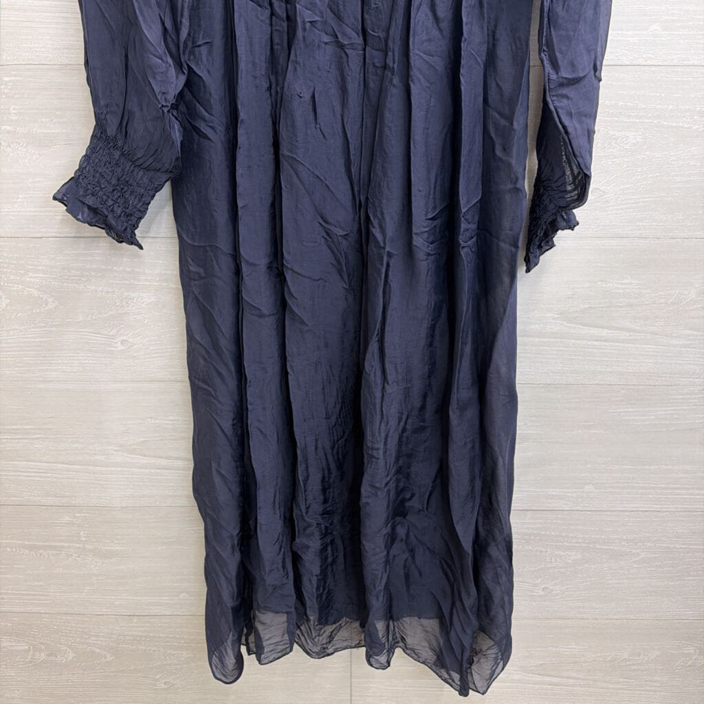 Navy 100% Silk Longsleeve Midi Dress Small