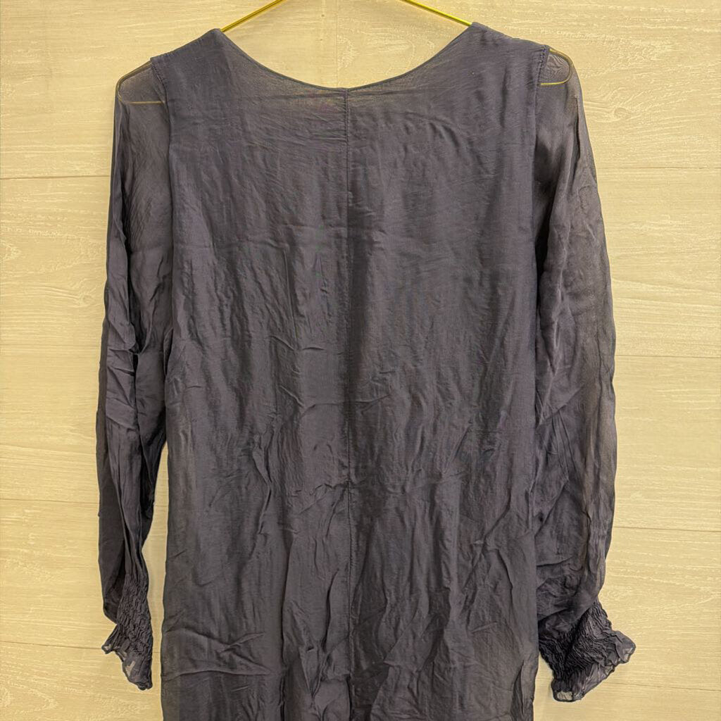 Navy 100% Silk Longsleeve Midi Dress Small