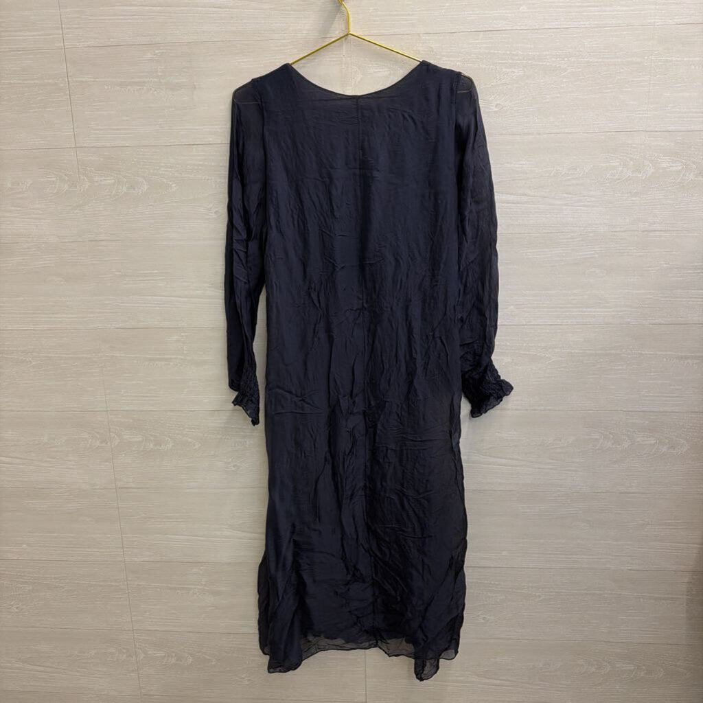 Navy 100% Silk Longsleeve Midi Dress Small