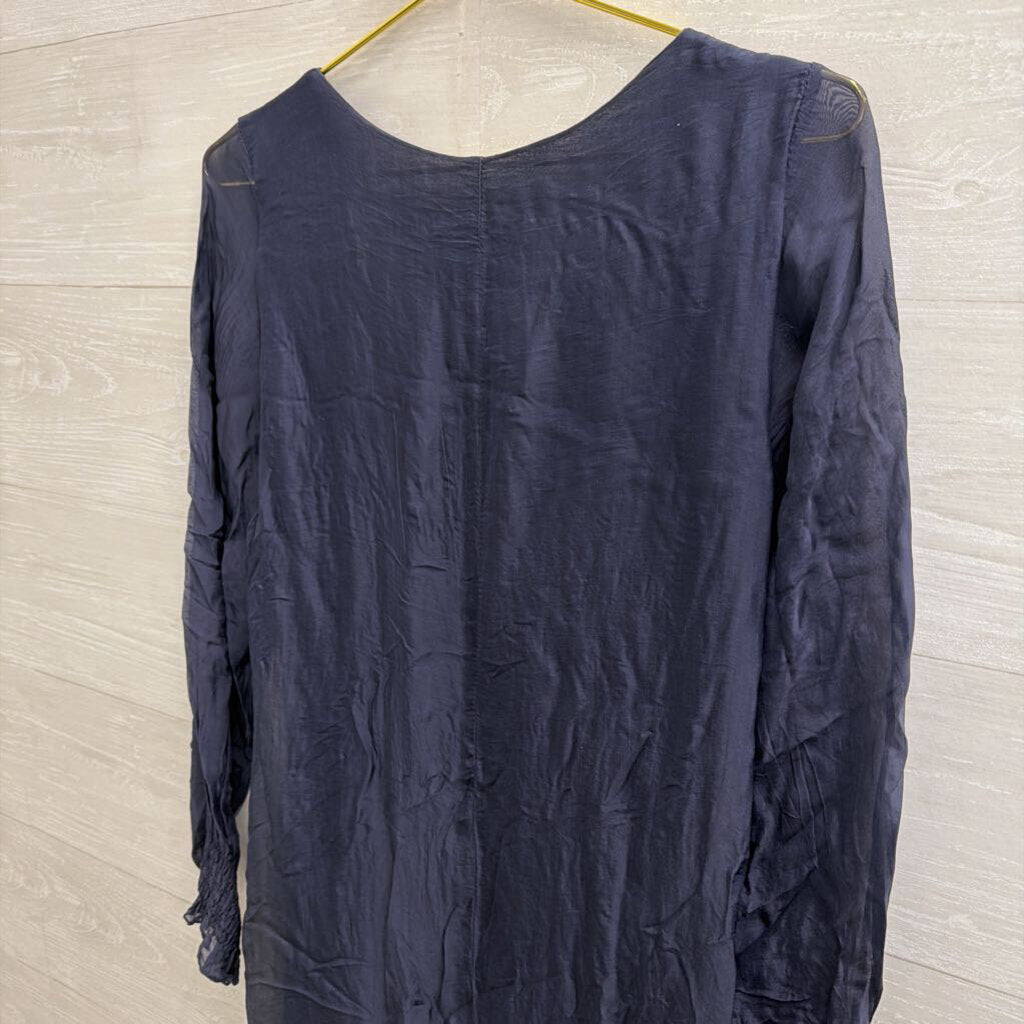 Navy 100% Silk Longsleeve Midi Dress Small