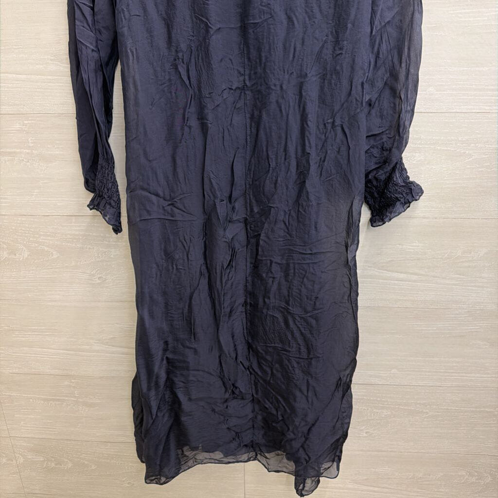 Navy 100% Silk Longsleeve Midi Dress Small