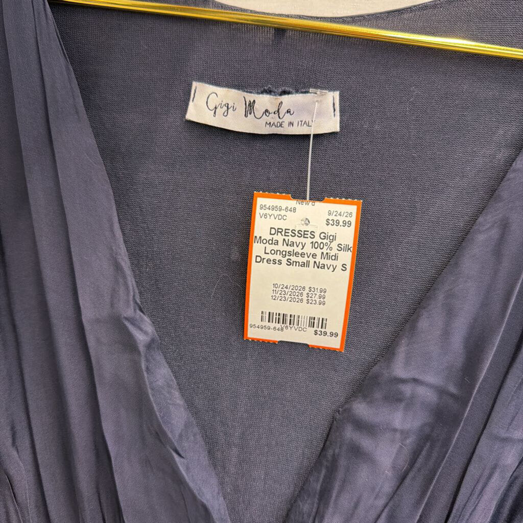 Navy 100% Silk Longsleeve Midi Dress Small