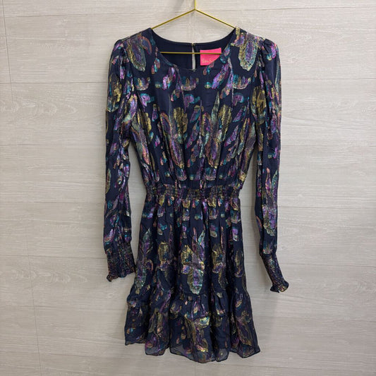 Lilly Pulitzer Blue/ Multi Metallic Thread Print Long Sleeve Dress 6