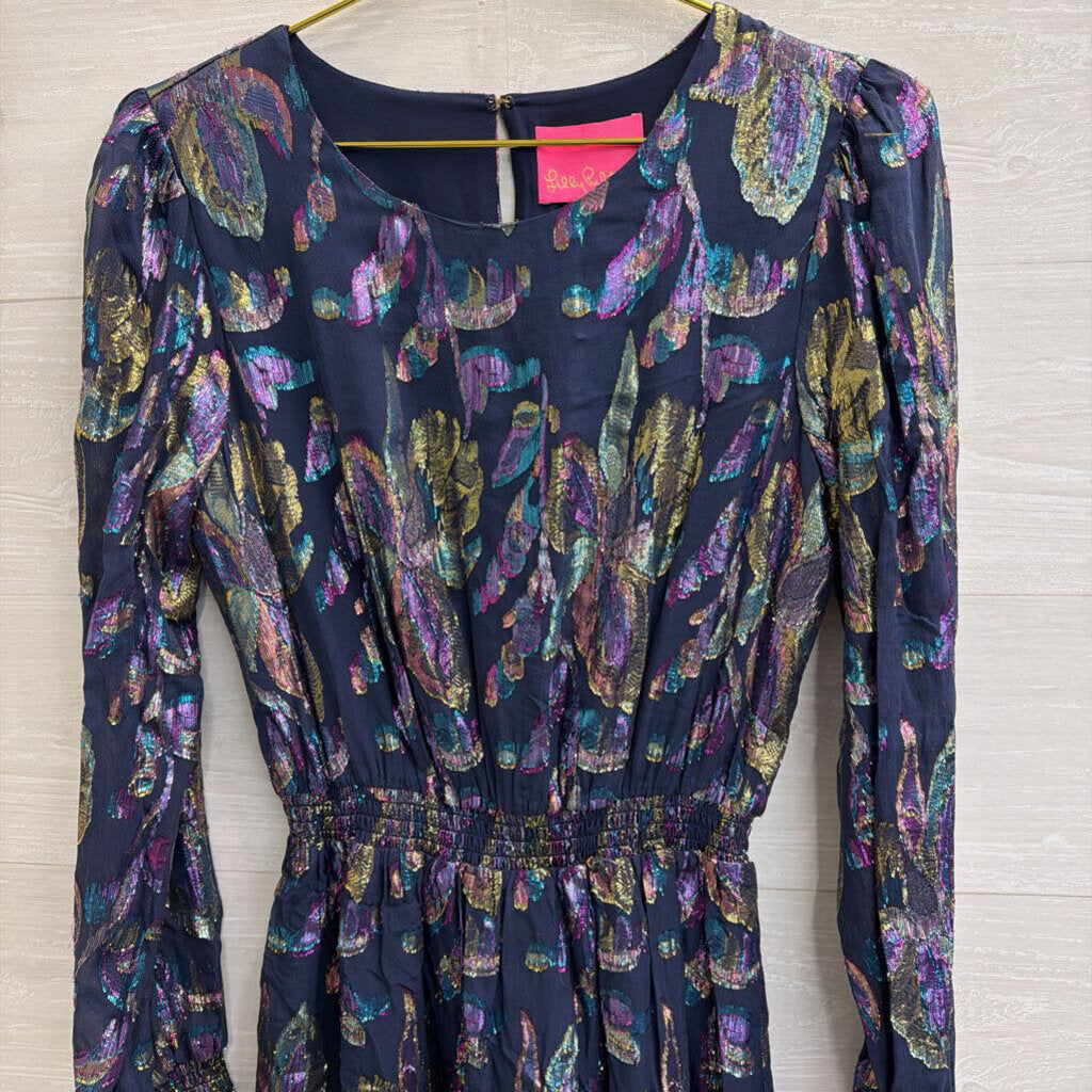 Lilly Pulitzer Blue/ Multi Metallic Thread Print Long Sleeve Dress 6