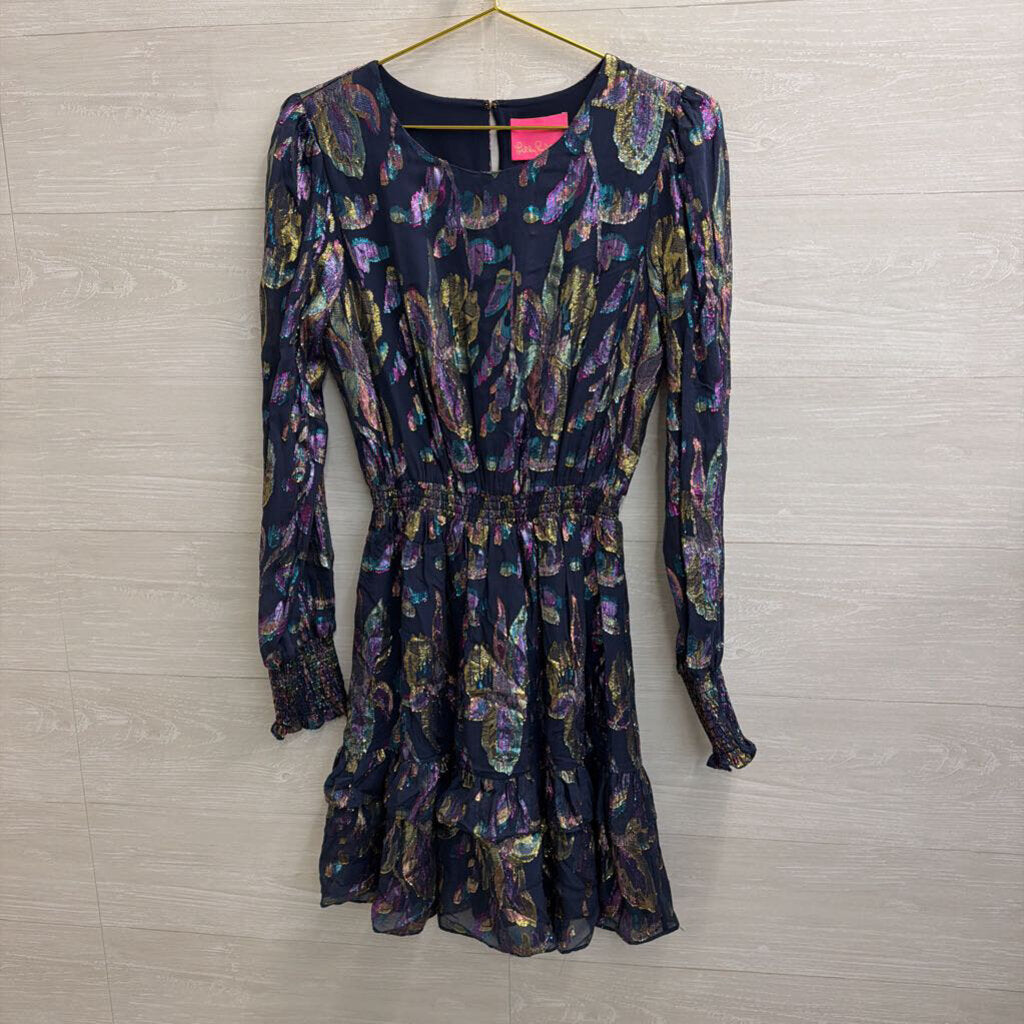 Lilly Pulitzer Blue/ Multi Metallic Thread Print Long Sleeve Dress 6